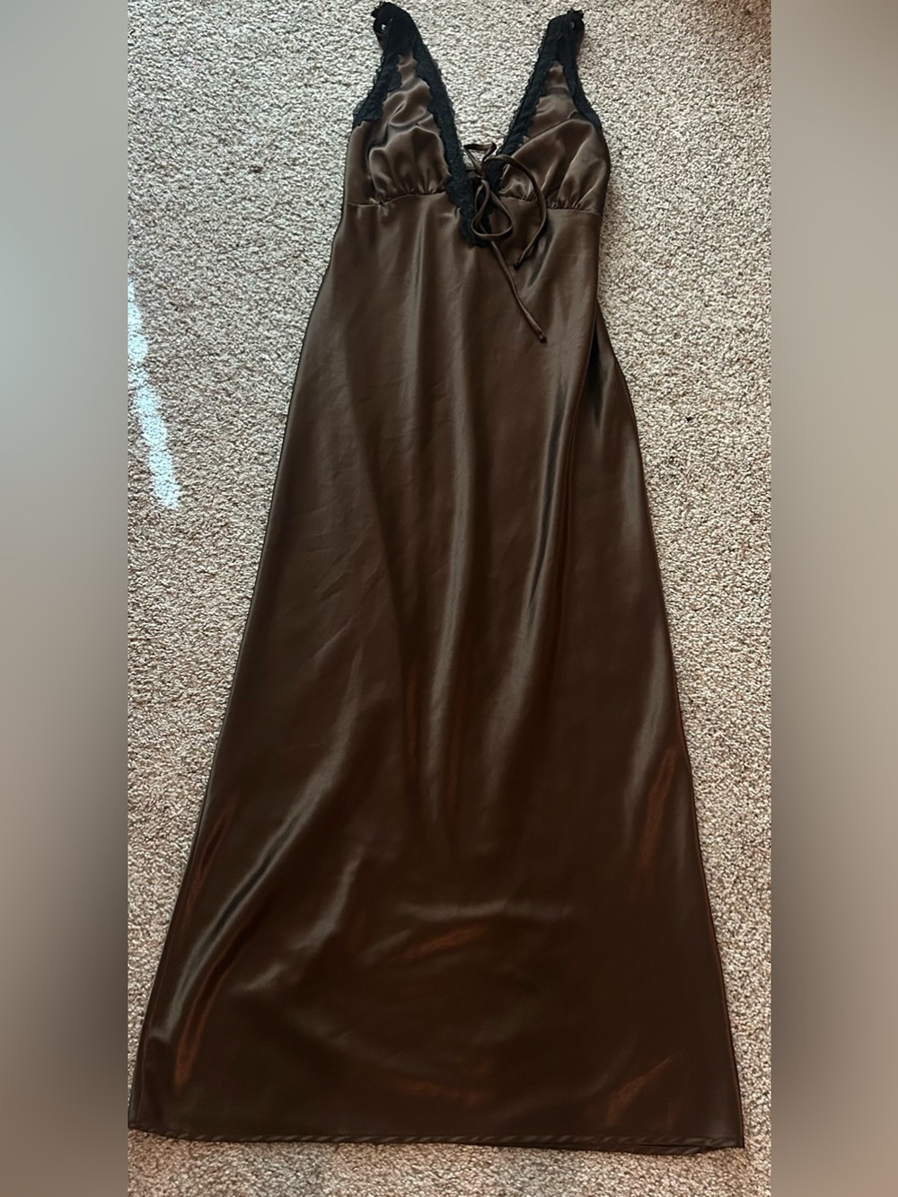 wild fable Brown Satin Maxi Slip Dress with Black Lace Trim